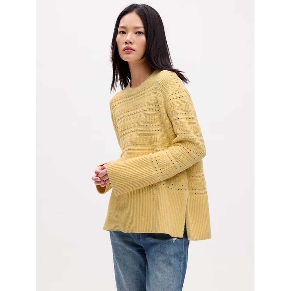 Gap Butter Yellow Pointelle Ribbed Knit Crew Neck Sweater Fall Preppy Mustard M